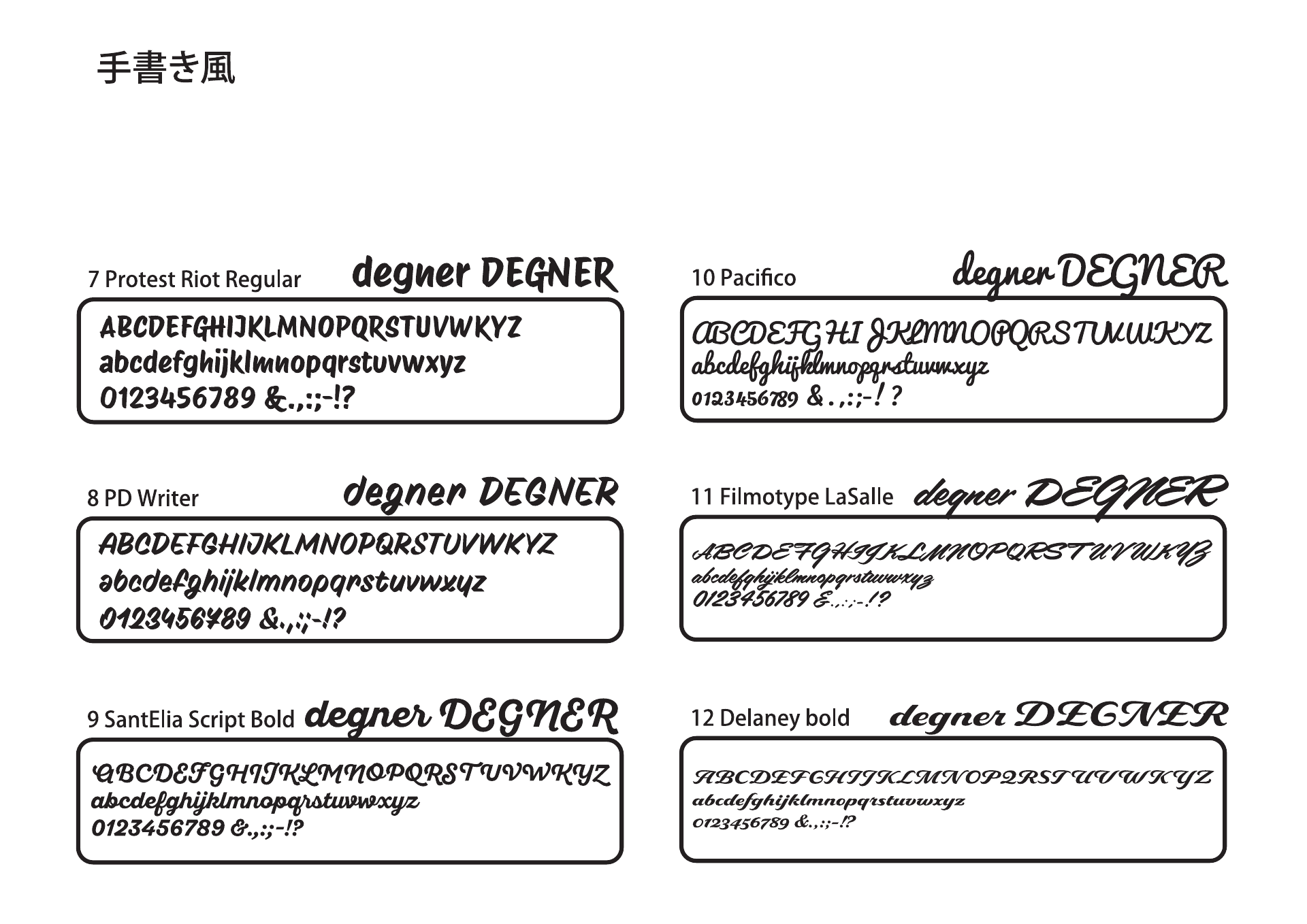 デグナー レーシングスーツ用ネームフォント一覧 手書き風(No.7~12)