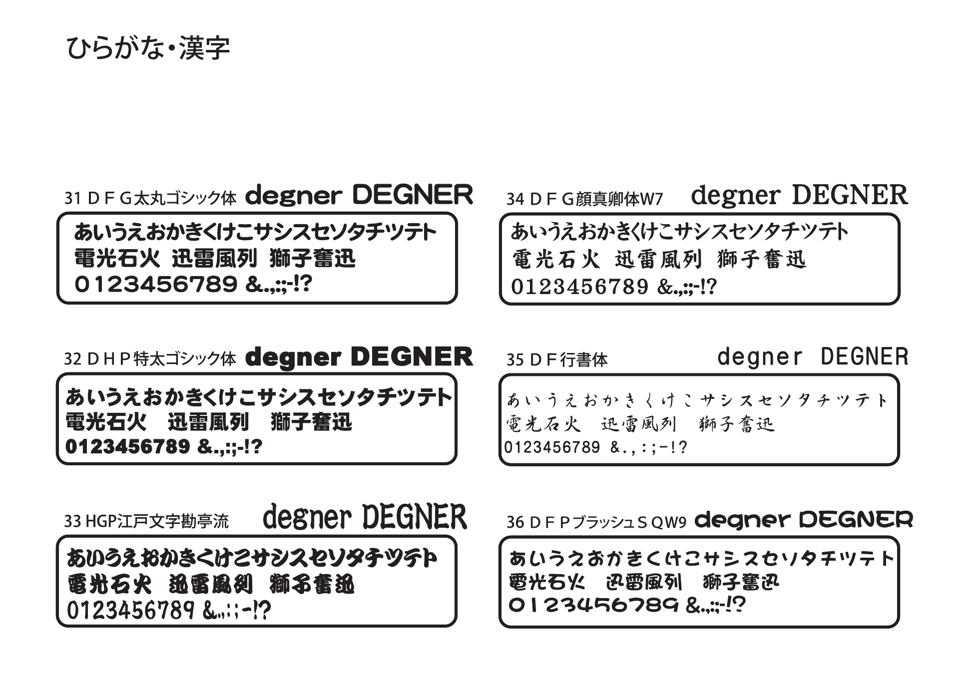 デグナー レーシングスーツ用ネームフォント一覧 ひらがな・漢字(No.31~36)